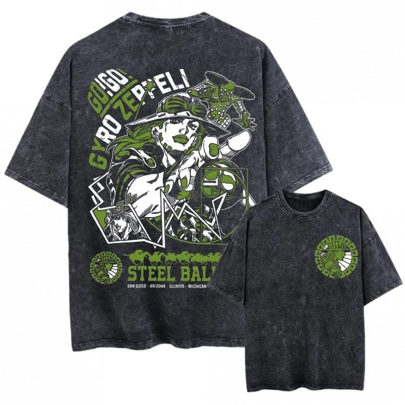 Unisex Steel Ball Run Anime Manga Vintage Washed Oversized Black Tee with Jojo Graphic, Cotton Casual Shirt for Men & Women