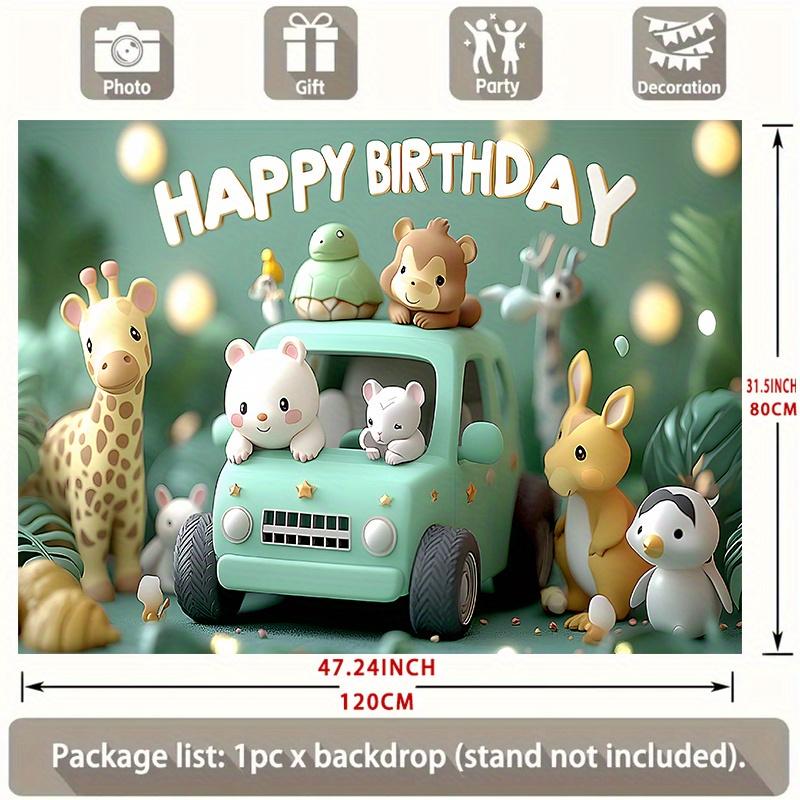 Jungle Safari Birthday Banner, Cartoon Animals Backdrop Wall Decor for Kids