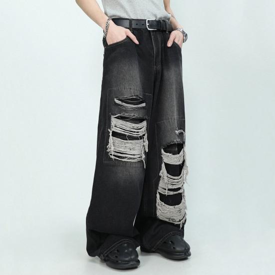 Женские джинсы с высокой талией и широкими штанинами, свободные рваные джинсы в стиле хип-хоп, прямые однотонные готические винтажные карманы, уличная одежда, джинсовые брюки полной длины