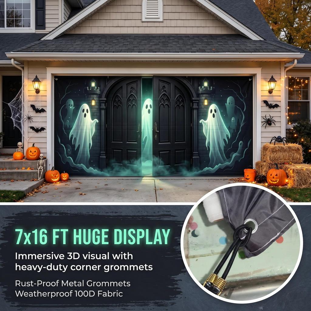 Halloween Garage Door Cover 7 x 16 FT, Large Halloween Garage Door Banner, Ha...