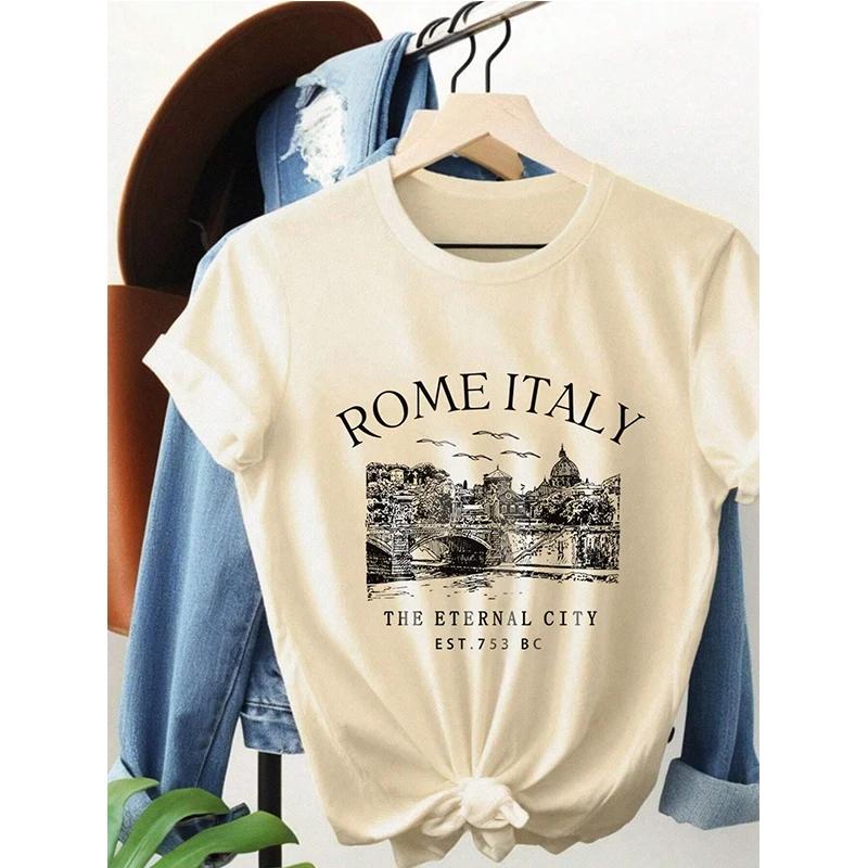 Rome Italy Skyline Women's Casual Round Neck Short Sleeve T-Shirt Y2k Tees Tops Women Summer T Shirt Graphic Gothic T-shirt