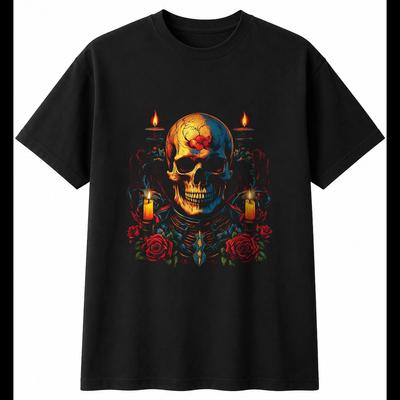 Skull And Roses Candlelit Gothic Mens T-Shirt Black 100% Cotton Printed