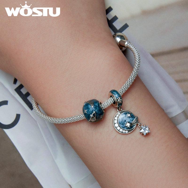 WOSTU Очаровательные лунные бусины со звездами и галактиками из стерлингового серебра 925 пробы в стиле темной ночи, подходят для изготовления женских браслетов и браслетов своими руками, ювелирных изделий