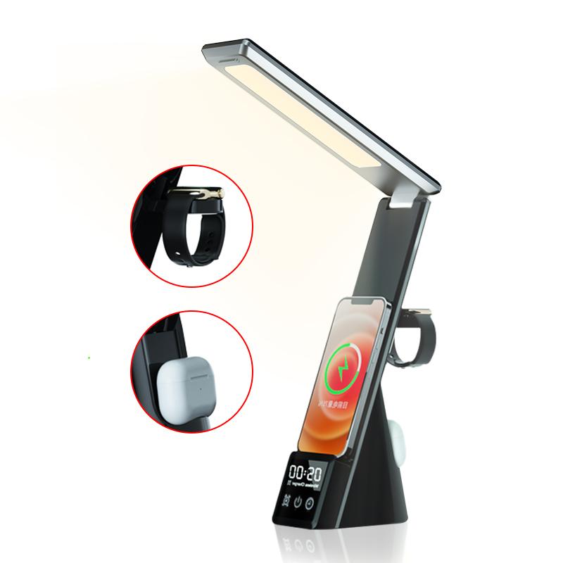 Multifunctional Table Desk Lamp with Wireless Charger Indoor Reading Folding Light With Clock for Phone for Smart Watch 2025
