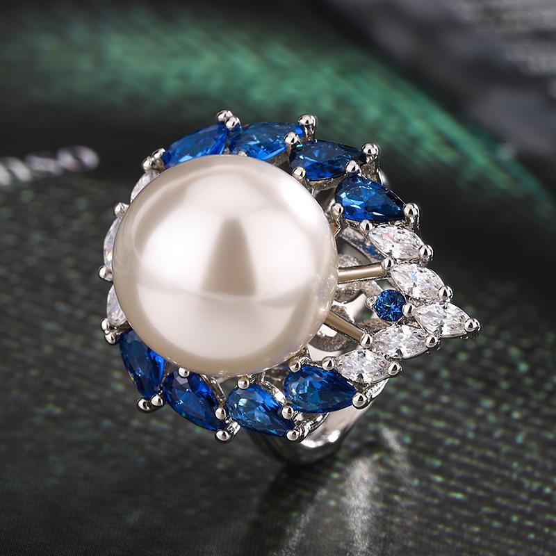 Модное кольцо Commuter Pearl Ring Pigeon Blood Royal Blue Light Luxury Premium Open Ring Female