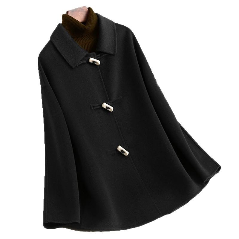 Autumn Horn Button Woolen Coat Female College Style Small Medium and Long Woolen Coat High-end Female