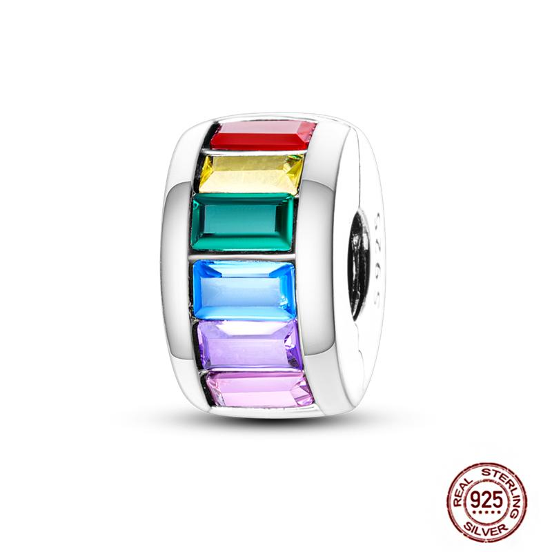 Round 925 Copper Clasp Pave Clip Charms Blue Star Moon Butterfly Slide Safety Chains Spacer Beads Fits Original Bracelet Zircon