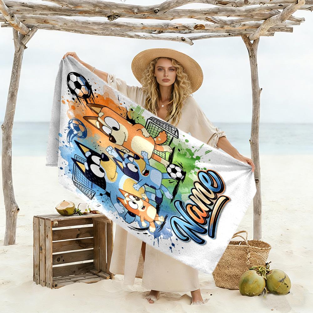 Soccer Fun Bluey Customize Your Name Beach Towel Soft Durable Quick-Dry Ideal for Travel Outdoor Swim Pool Yoga Surf Camping Hiking Gym Gift Holiday