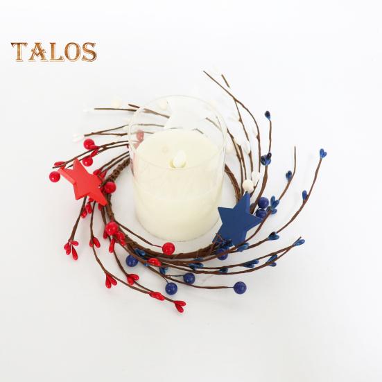 Patriotic Candle Ring Wreath Red White Blue Star Mixed Artificial Berry Candle Wreath Mini Pillar Candle Holder for 4th of July Tabletop Decor
