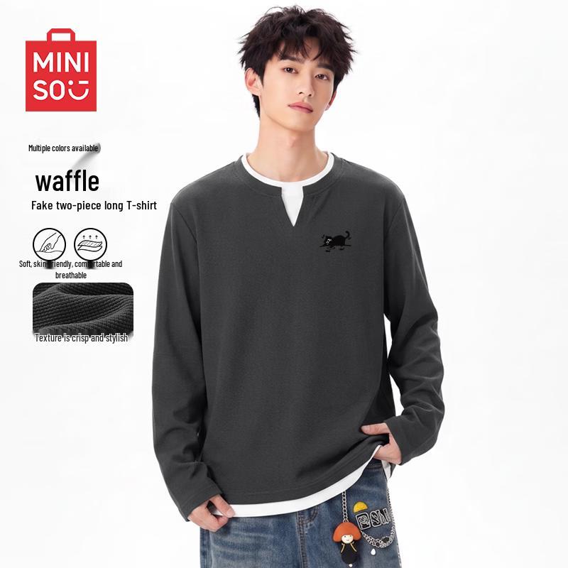 MINISO Men's Waffle Knit Long Sleeve Mock Two-Piece T-Shirt