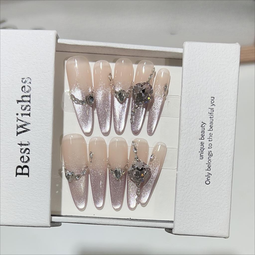 Long Cat Eye Wear Armor Handmade Purple Romantic Flash Diamond Manicure Nude Fake Nail Removable Nails