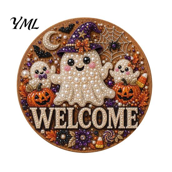 Wall Hanging Decor Halloween Faux Pearl Door Sign Kit, Ghost Skull Skeleton Cat Welcome Decoration Crafts Handmade Painting Arts for DIY Art