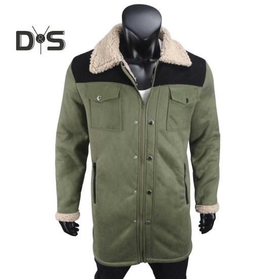 Men Jacket Large Plush Lapel Long Sleeve Vintage Suede Jacket with Pockets Zipper Up Mid-length Motorcycle Coat