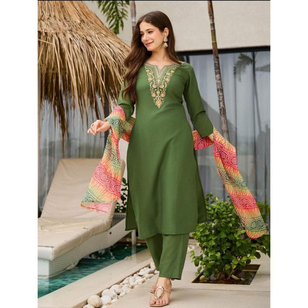 Women's Rayon Embroidered Straight Kurta with Pant And Dupatta Sets