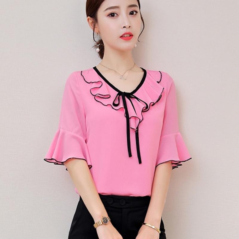 Plus Size Women's Short-sleeved Chiffon Shirt Women's Belly-covering Flared Sleeve Shirt Lotus Leaf Neckline Lotus Bow Knot Elegant Temperament