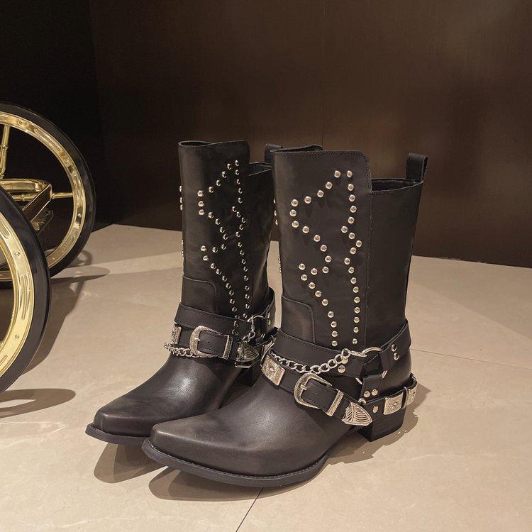 Women's Boots 2024 Winter Leather Boots Riveted Belt Buckle Pointed Party Cosplay Fashion Shoes Size 42 Waterproof Outdoor Boots