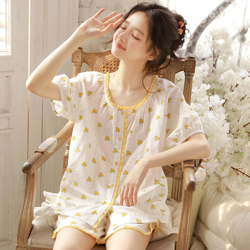Summer new pure cotton cotton yarn women's round neck printing sweet can be worn outside short-sleeved loungewear set 11