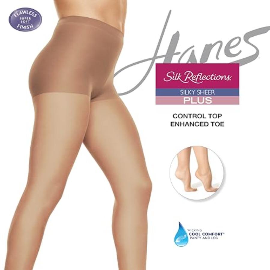 Hanes Silk Reflections Женские колготки большого размера, шелковистые, прозрачные, с корректирующим верхом, усиленный носок, отводящие влагу, охлаждающий комфорт, 20 den