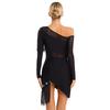 Womens Tango Dance Dress Oblique Shoulder Fringed Design with Sheer Mesh Patchwork and Irregular Hem Latin Costume