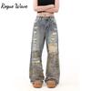 Женские джинсы RogueWave в стиле ретро, синие, с лоскутной отделкой, рваные, Y2K, камуфляжные, японский уличный стиль Харадзюку, одежда в стиле 2000-х, широкие брюки-джинсы