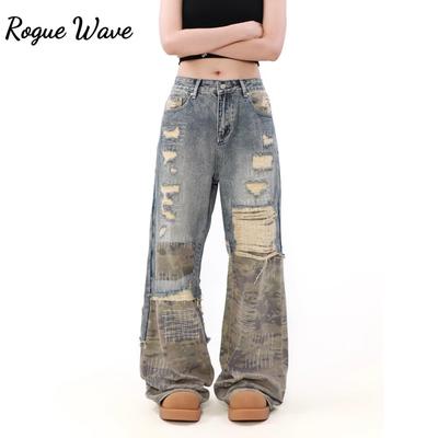 Женские джинсы RogueWave в стиле ретро, синие, с лоскутной отделкой, рваные, Y2K, камуфляжные, японский уличный стиль Харадзюку, одежда в стиле 2000-х, широкие брюки-джинсы