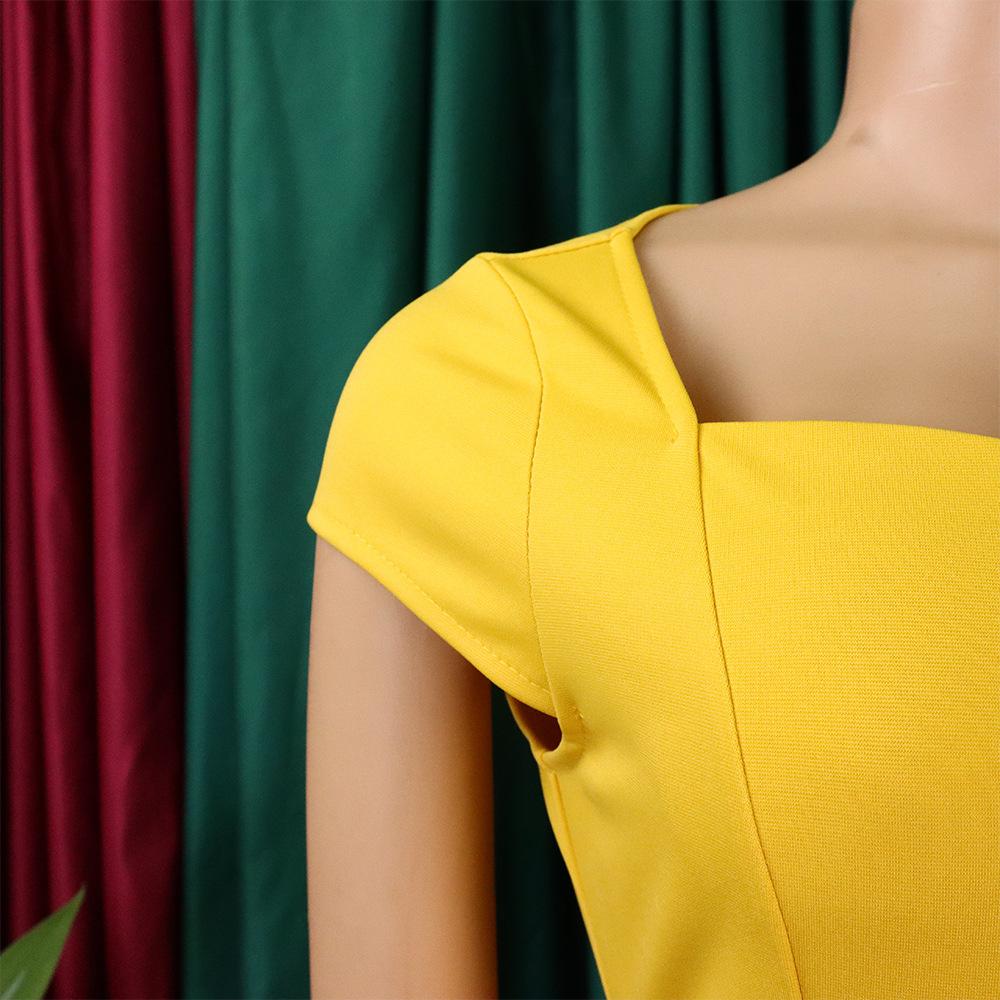 YYFS Women's Fashion Summer Spring Solid Color Print Short Sleeve Square Collar High Waist Casual Dresses