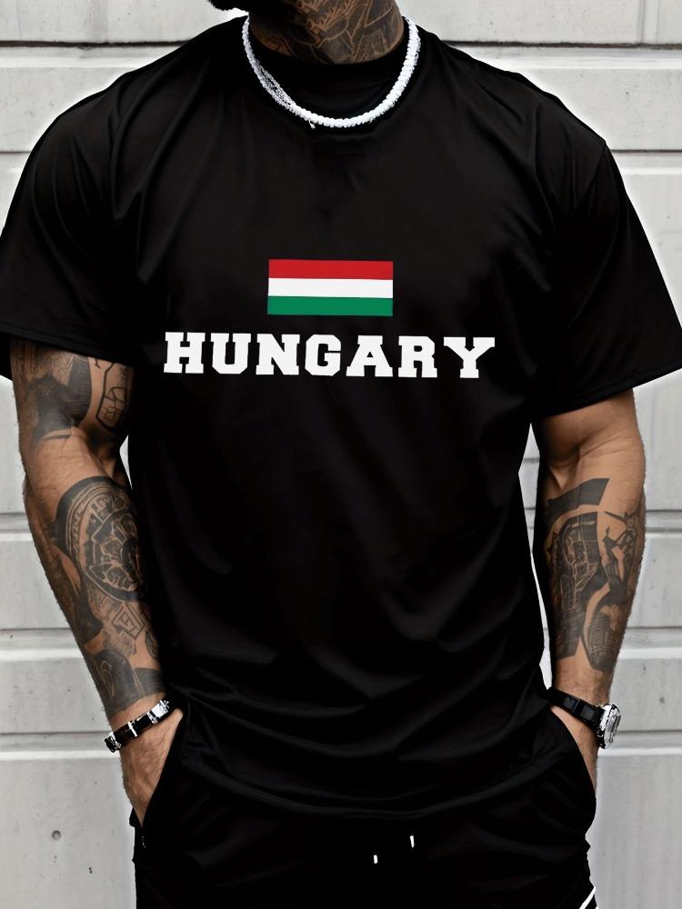 Patriotic Hungary National Flag Letter Front Graphic Print Unisexs Crew Neck Short Sleeve Tee Casual Daily Soft Basic Wear Top