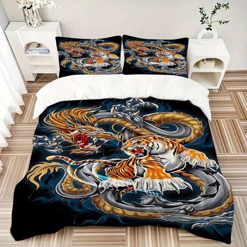 3pcs Dragon Tiger Design Duvet Cover Set -Includes 1 Duvet Cover and 2 Pillowcases, No Quilt Core, All-Season Home Decor yy251111194