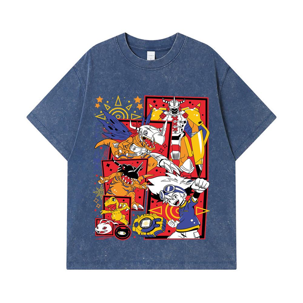 275 GSM Washed T-shirts 100% Cotton Digimon V1 Agumon Print Unisex Heavy Cotton T Shirt