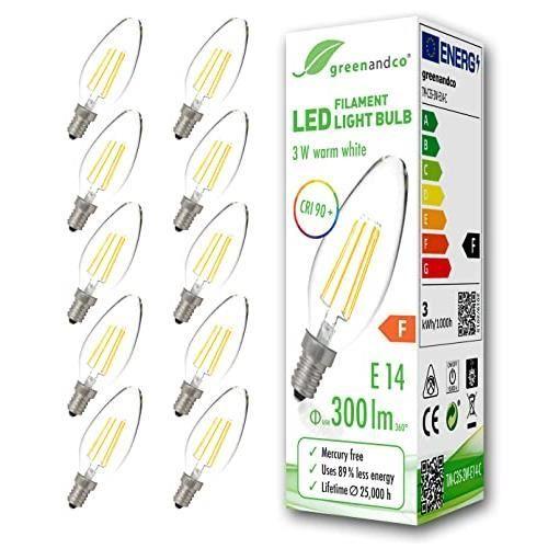 Greenandco 10x IRC 90+ Ampoule À Filament LED E14 3W (équivalent 28W) 300lm 2700K (blanc Chaud) 360° 230V Verre, Aucun Scintilleme