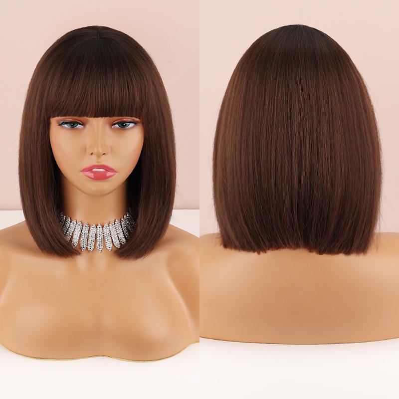 MISSQUEEN Короткий прямой парик Боб с челкой Омбре Темно-коричневый цвет Длина до плеч Натуральный прямой парик из синтетического волокна Повседневная одежда