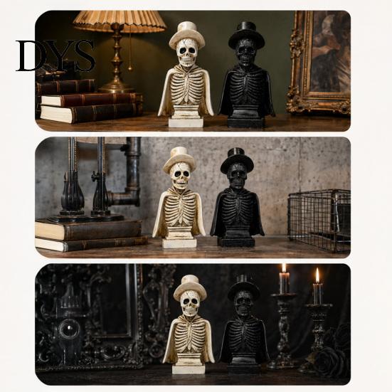 Retro Gentleman Skull with Top Hat Gothic Halloween Sculpture And Cape, Spooky Resin Prop for Display Skeleton Figurine LED Light Home Tabletop Decor
