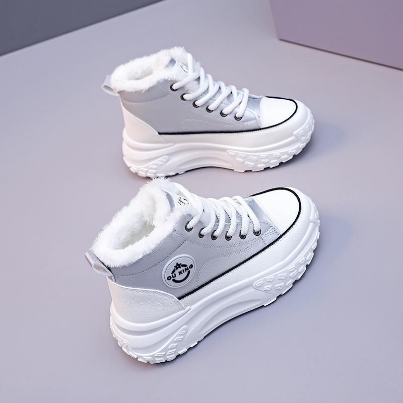 Women's Winter Style Flat Boots Fleece Lined Thickened Warm Cotton Shoes High Top Little White Shoes