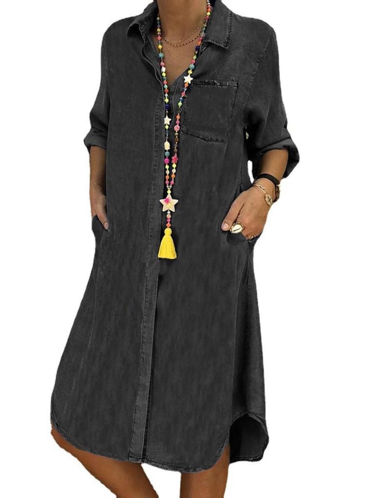 2023 Women's Large Size Solid Color Denim Dress - Casual Style