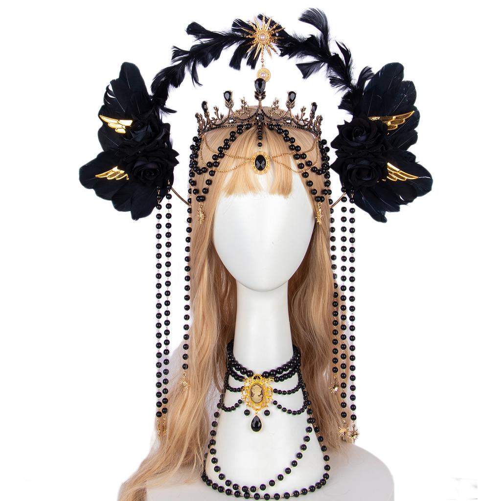 Ручная работа Лолита Нимб Корона Головной убор Готическая Богиня Цепочка с Бусинами Марии Черная Роза Ангельские Крылья Головной убор Хэллоуин Аксессуары для Волос