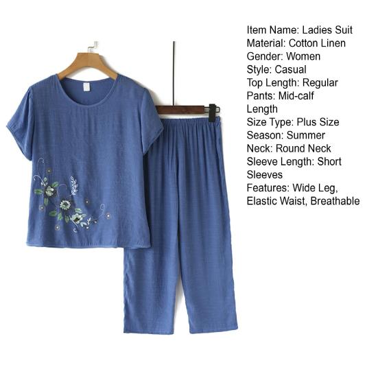 2 шт./компл., повседневный топ для мамы среднего возраста, укороченные брюки, комплект с цветочным принтом, круглым вырезом, коротким рукавом, плиссированной эластичной резинкой на талии, широкий повседневный наряд