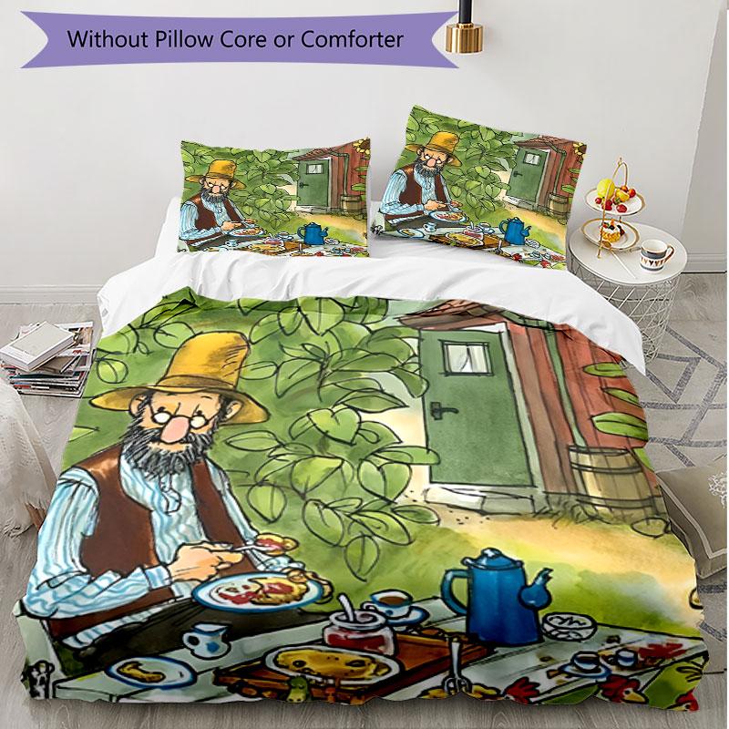 3pcs Duvet Cover Set (1*Duvet Cover + 2*Pillowcase, Without Core), Pettersson und Findus Print Soft All‑Season Bedding Set, Home Bedroom Decor Gift