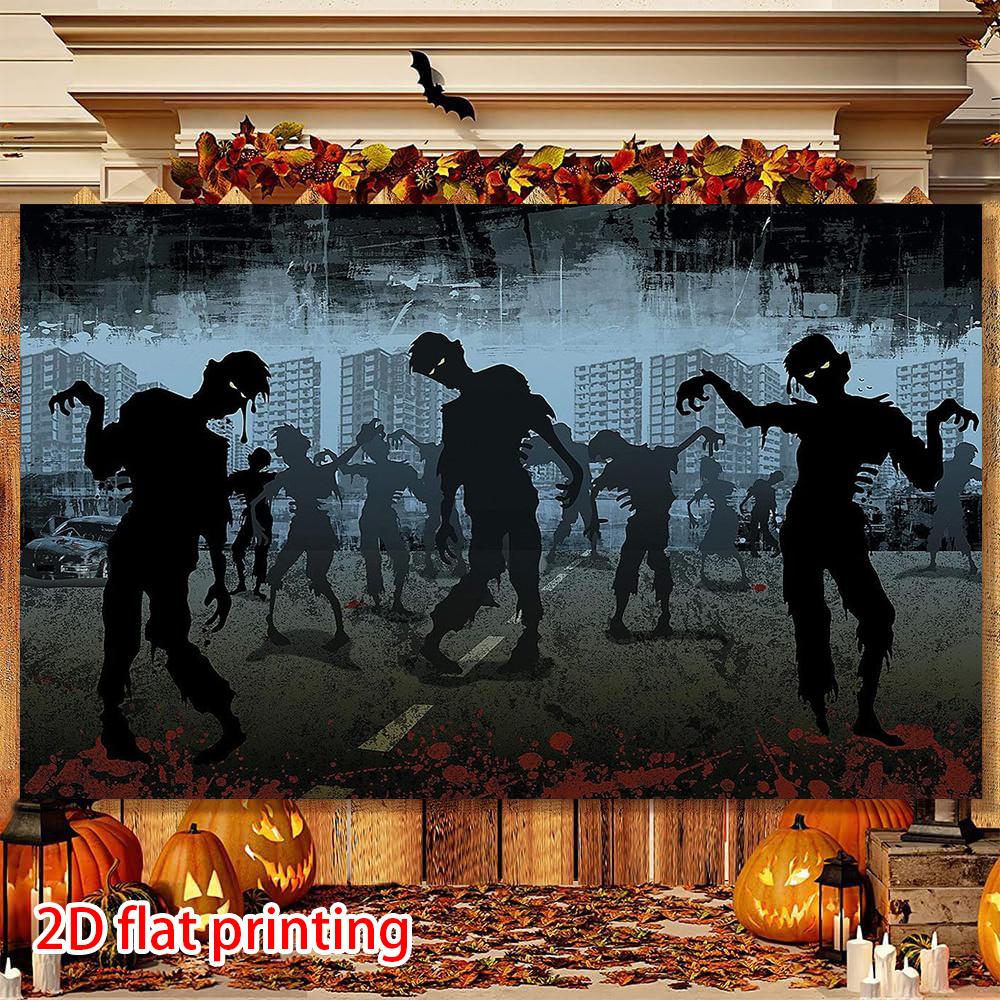 2D flat banner, 1 Halloween party background, with a horror zombie silhouette design in the painting style