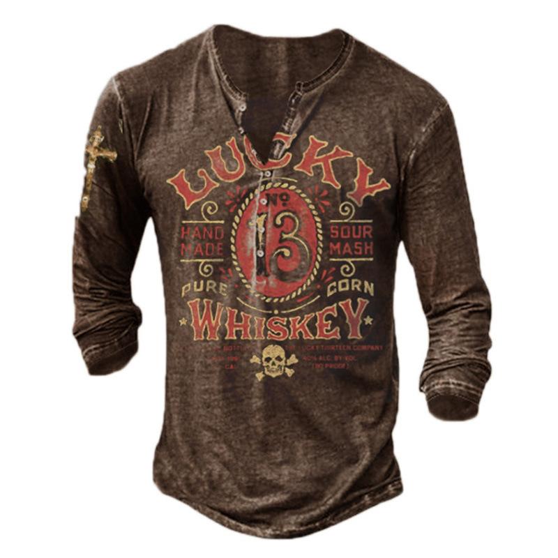 Мужская винтажная рубашка henley с длинным рукавом - Ретро-футболка с графическим принтом и пуговицами