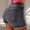 Summer Women Shorts High Waist Washed Retro Distressed Ripped Edge Solid Color Butt-lifted Slim Fit Side Pockets Casual Club Party Short Pants