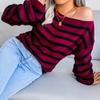GMXIA Women's Fashion Casual Stripe Print Autumn Winter Long Sleeve One Shoulder Loose Off-the-shoulder Knit Sweater