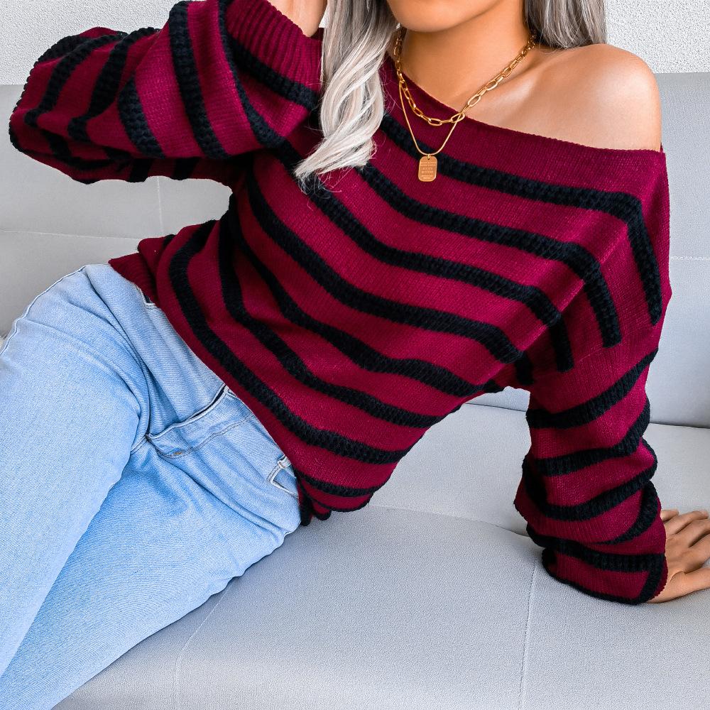 GMXIA Women's Fashion Casual Stripe Print Autumn Winter Long Sleeve One Shoulder Loose Off-the-shoulder Knit Sweater
