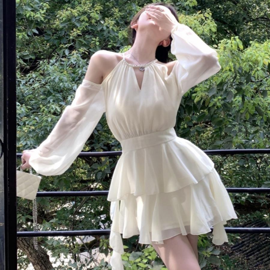 Women's Summer Off Shoulder Sweet Dress Elegant Long Sleeve Ruffles Party Dresses