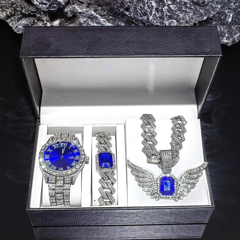 Stock Gold Men's Jewelry Set Alloy and Bling Rhinestone Iced Out Hip Hop Quartz Watch Bracelet Wing Pendant Necklace