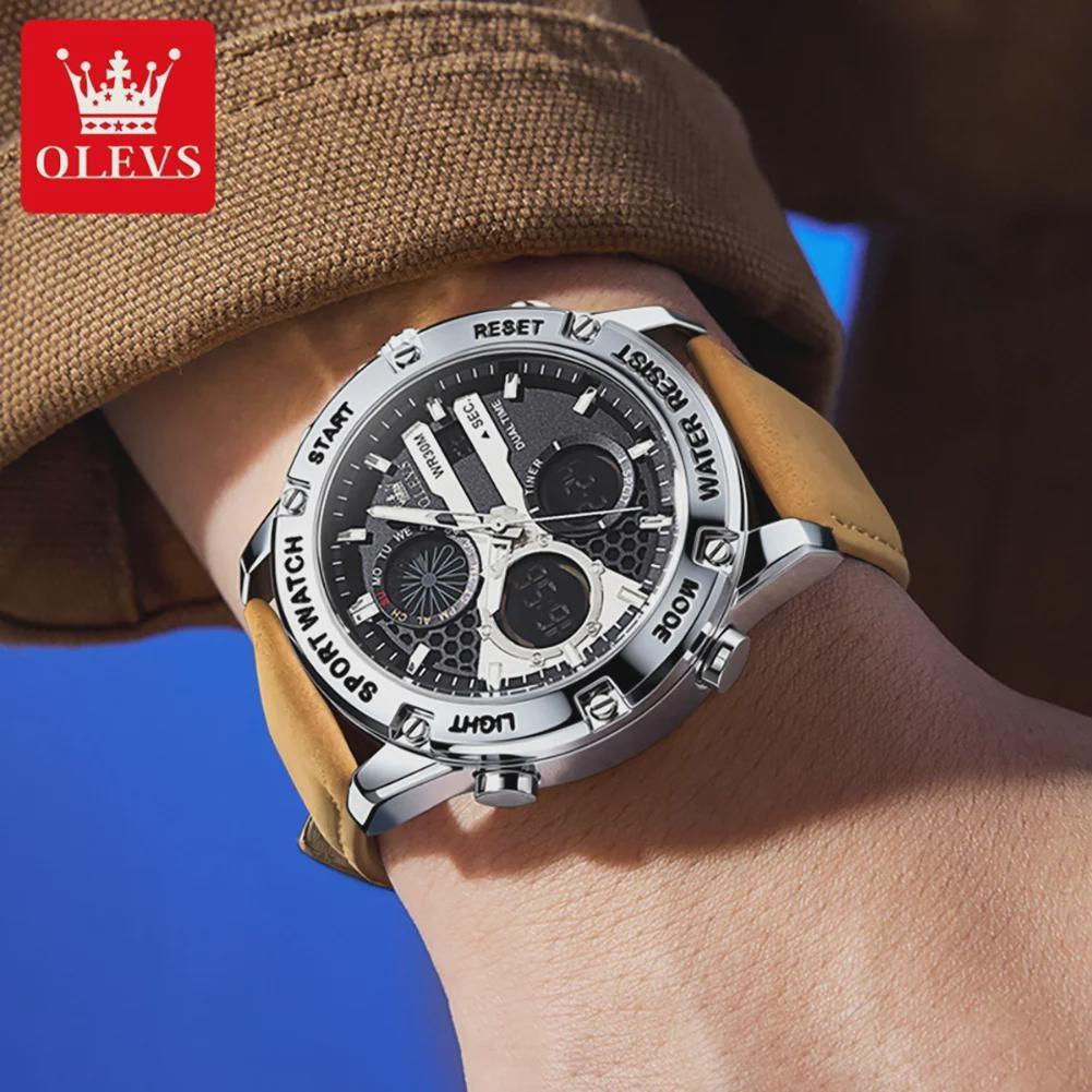 OLEVS Multi Function Quartz Watches for Man Fashion Casual Leather Strap Dual Time Waterproof Luminous Digital Man Watch