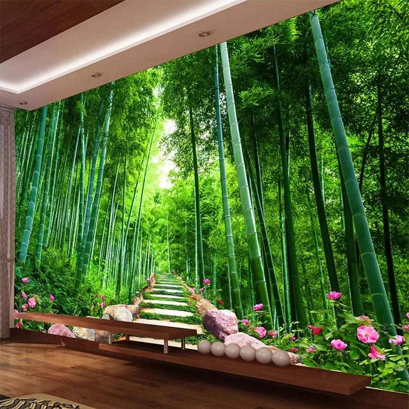 Фотообои 3D Зеленый лес Бамбук Природа Пейзаж Фреска Гостиная Телевизор Диван Фон Настенная роспись