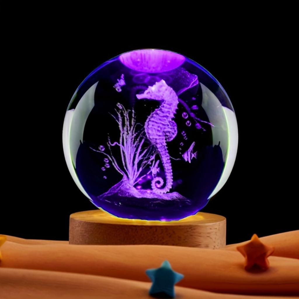 3D Морской конек хрустальный шар с деревянной основой Лазерная гравировка Статуэтка морского конька Ночной светильник для спальни Декоративный светильник подарок