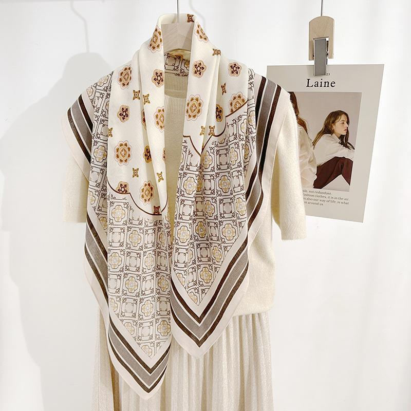 Spring and Summer Fashionable and Fashionable Women's Geometric Floral Printed Silk Scarf for Women's High-end Temperament Herringbone Square Scarf