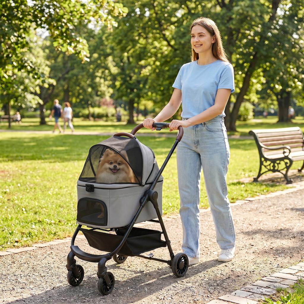 Dog Stroller 3 In 1 Foldable Pet Stroller For Small Puppy Cat With Detachable Travel Carrier Storage Basket Grey