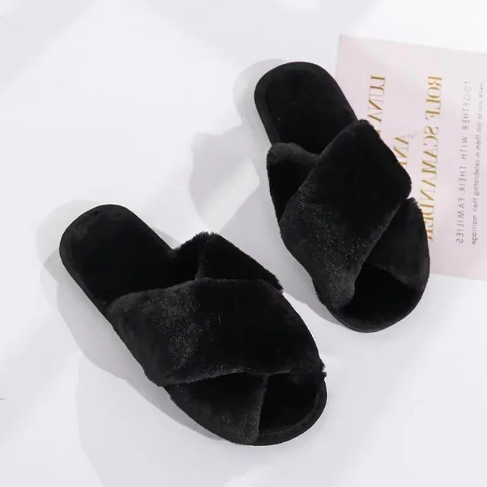 Winter Women House Slippers Faux Fur Fashion Warm Shoes Woman Slip On Flats Female Slides Black Pink Cozy Home Furry Slippers